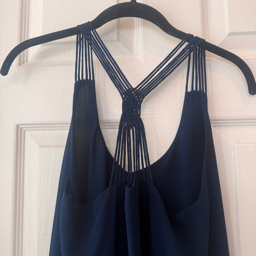 Elegant Navy Blue Women's Top, Naked Zebra Criss Cross Back Blouse, Work Blouse - Picture 5 of 6